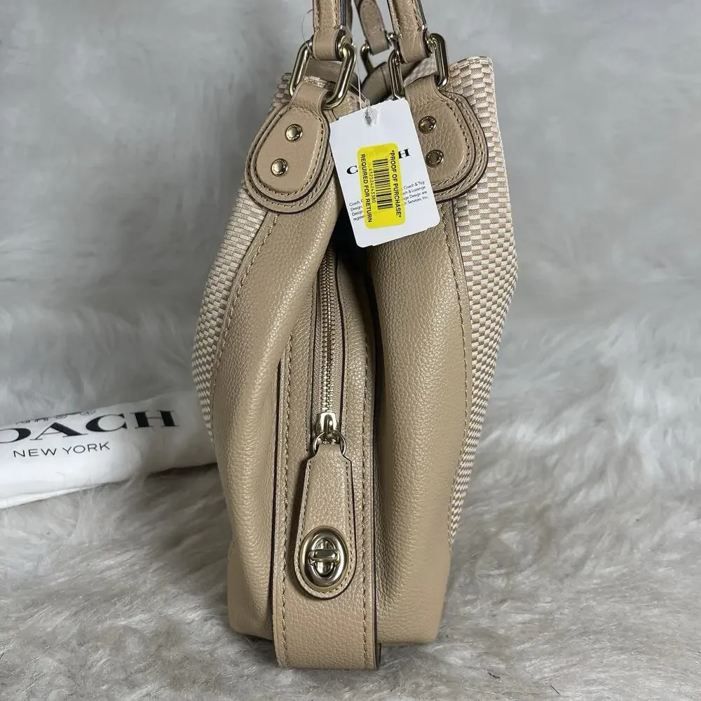 Coach Women’s Beige Woven Pebbled Finish Shoulder Bag, Gold Hardware, Tag